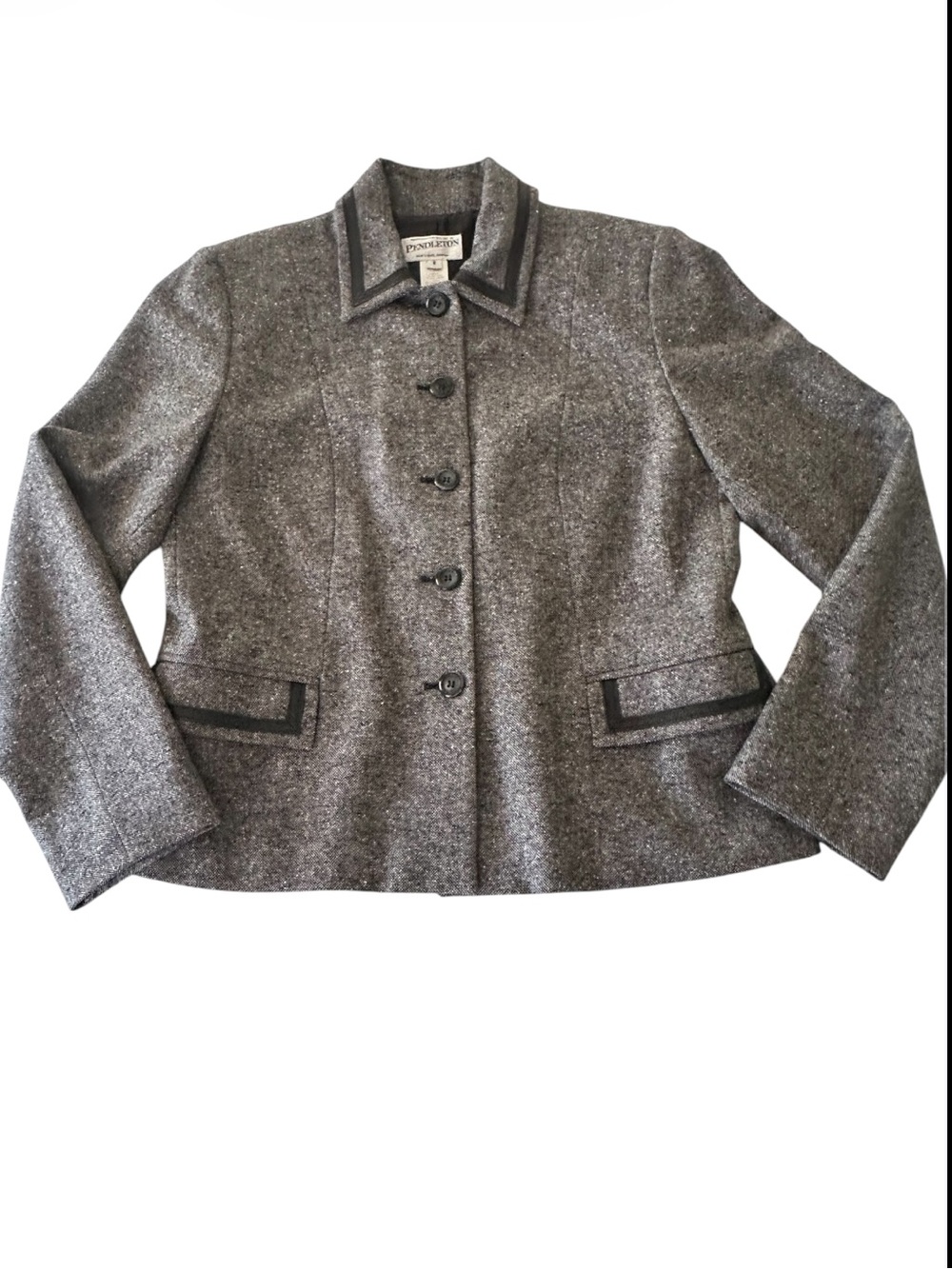 Pendleton Wool Silk Leather Trim Blazer Jacket Size 8 Black White Tweed - Picture 4 of 15